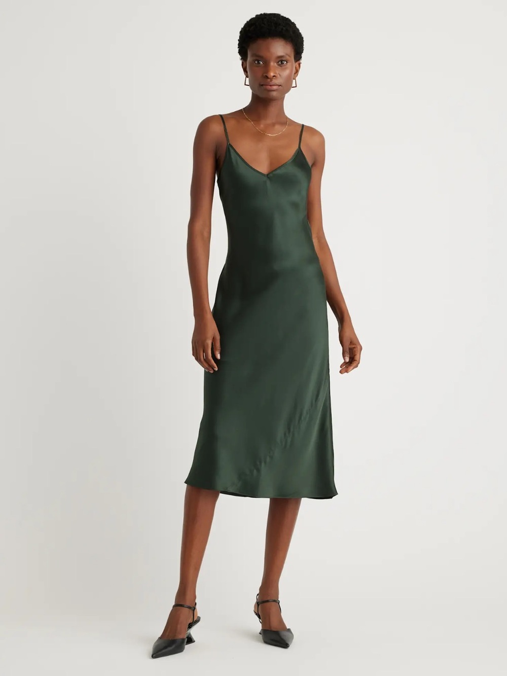 Quince 100% Washable Silk Midi Dress Forest Green